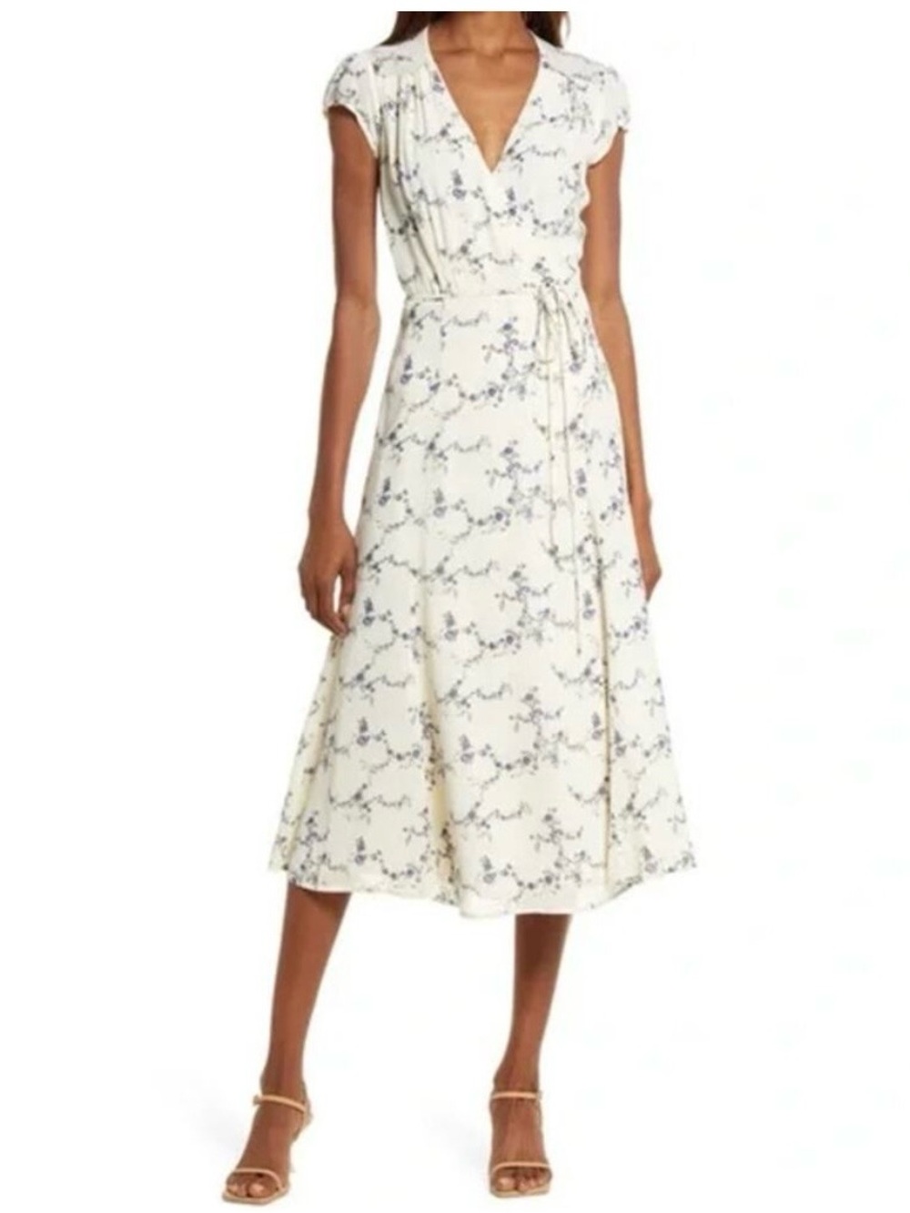Reformation Ivory Midi Dress with Blue Floral Print